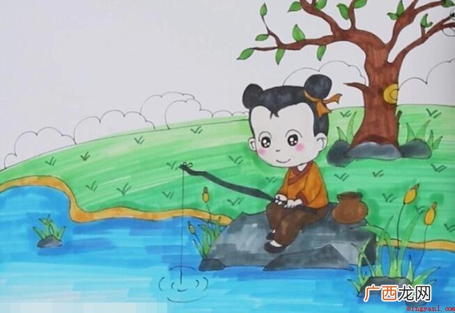 《小儿垂钓》诗配画怎么画