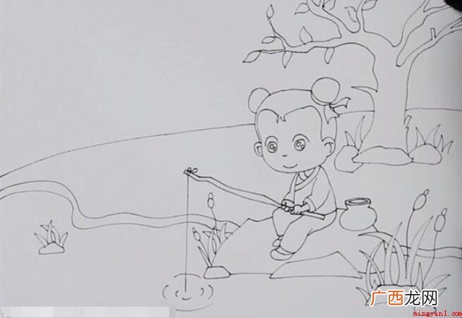 《小儿垂钓》诗配画怎么画