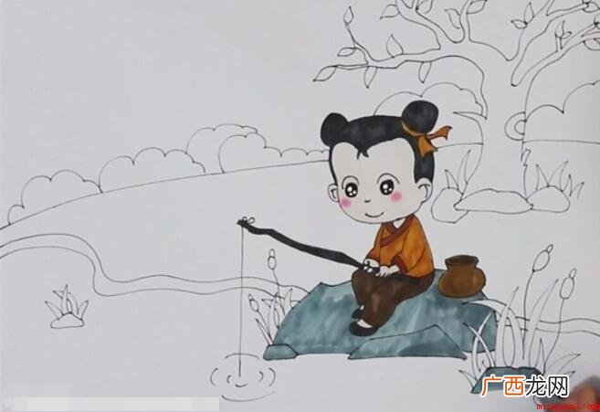《小儿垂钓》诗配画怎么画