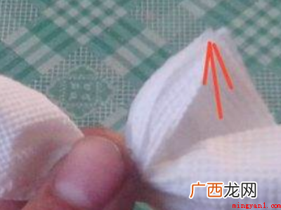 纸巾折叠的部分应该多在左边,用手指向上折叠捏住 怎么用纸巾折玫瑰花