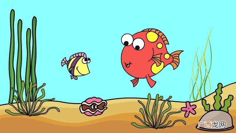 海底世界的大鱼、小鱼、蚌壳、海星、石头以及海带和海草等 海底世界简笔画