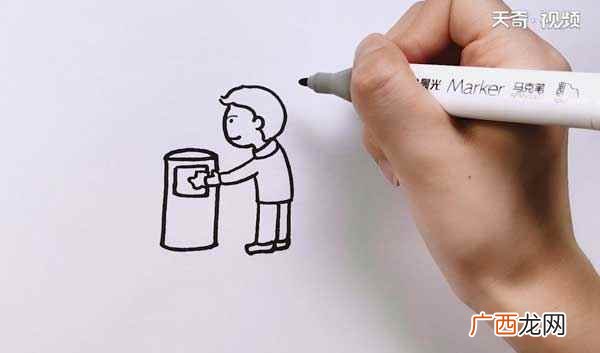 垃圾桶做小男孩扔垃圾的动作 环保简笔画