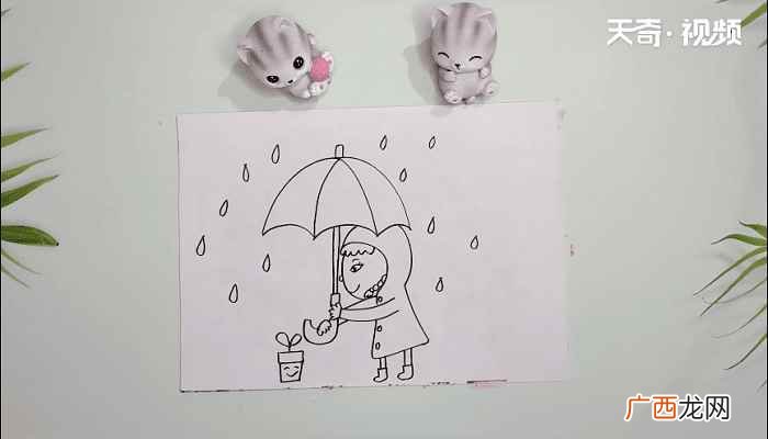画出雨伞的3条曲线和尖杆 下雨的画简笔画