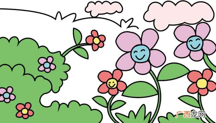 画山丘、白云装饰的技巧 花丛简笔画