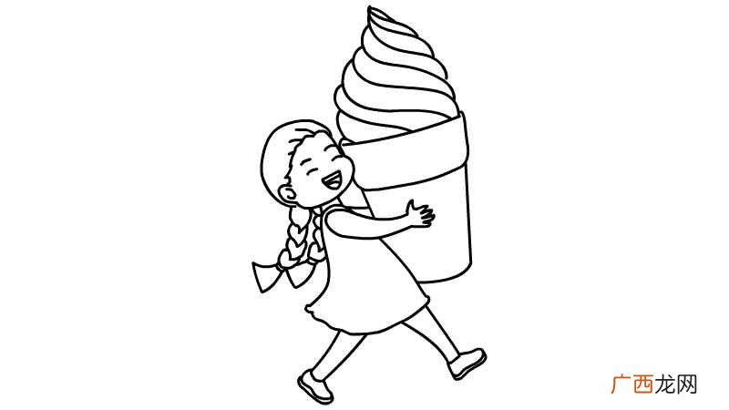 画女孩的脑袋线条和长长的辫子 抱冰淇淋的小女孩简笔画画法