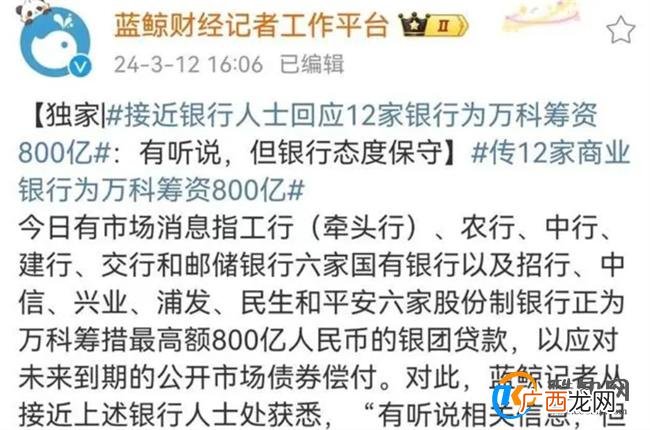 曝12家银行为万科筹资800亿 万科集团的现状